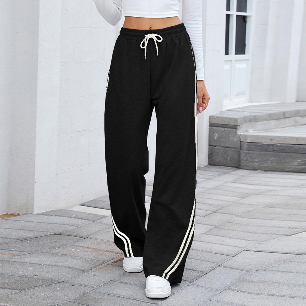 Women's Fashionable Solid Color Pocket Straight Leg Elastic Waist Casual Pants
