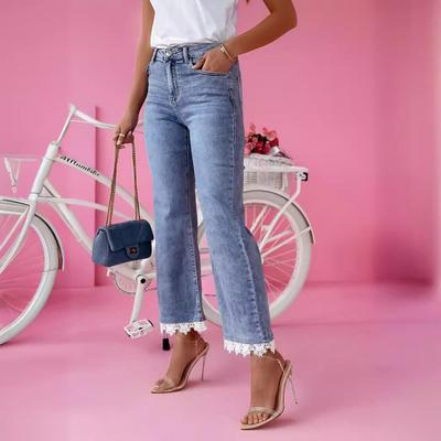 Calça jeans feminina cintura alta slim micro, calça de renda com perna pequena e fresca
