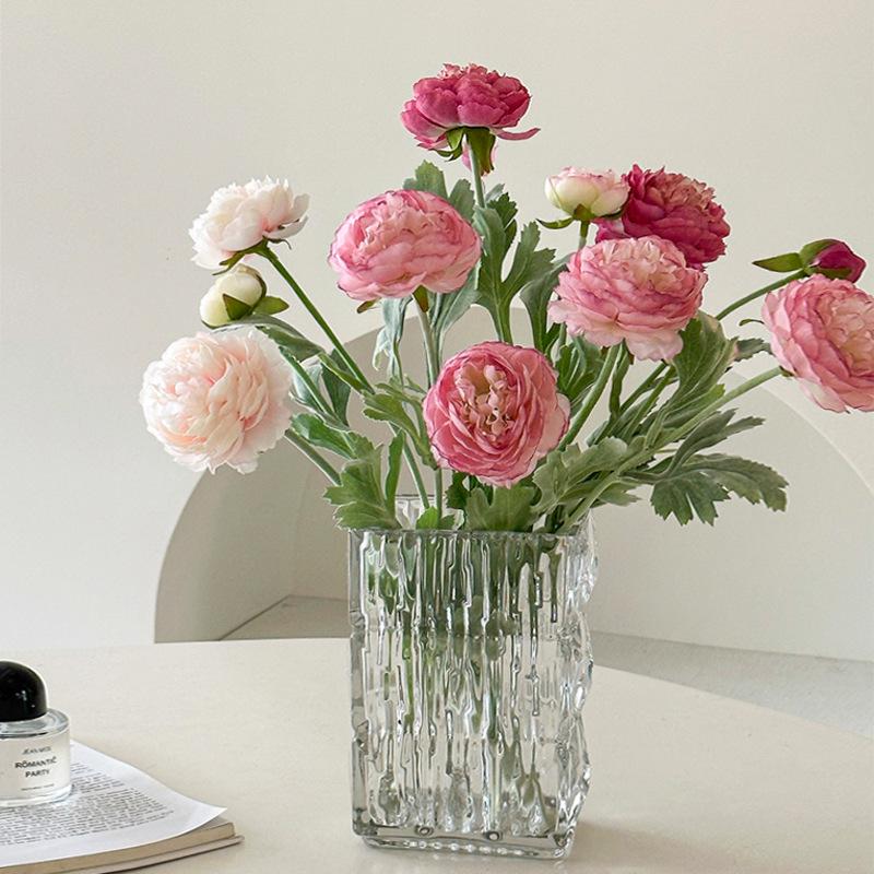 Composizione Floreale Artificiale di Peonie e Ranuncoli Floccati per Arredamento Casa