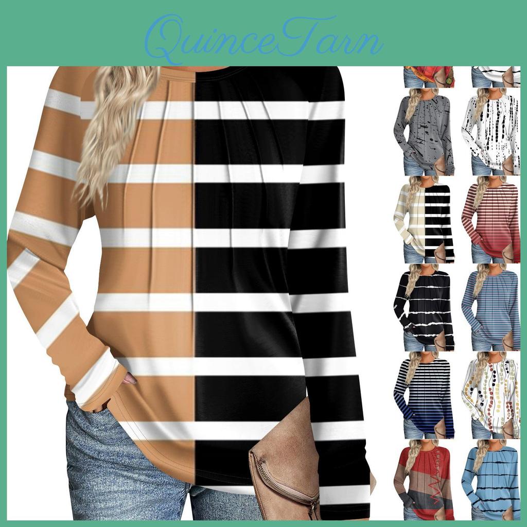 Color Casual Fashion Womens Stripe Block Patchwork Long Sleeve Round Neck Top