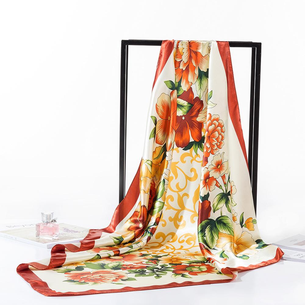 Women Silk Imitation Square Scarf Foulard Print Satin Kerchief Hairband Neckerchief Head Hijab Lady Headband Bag Ribbon 90X90Cm