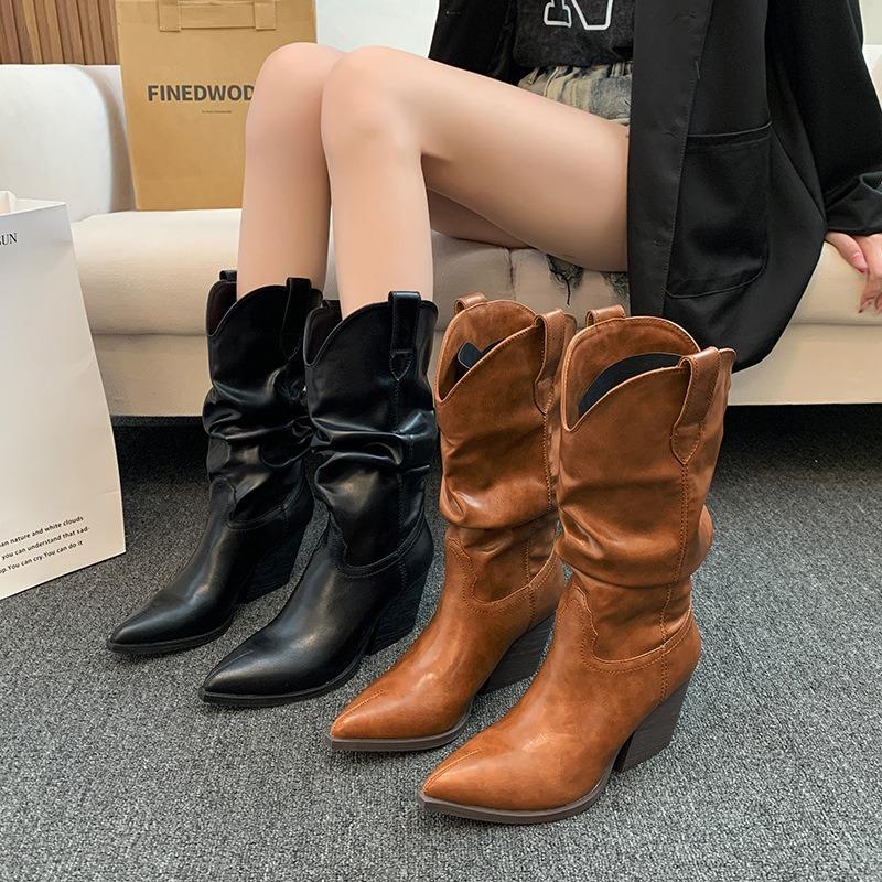 Fashion Womens Mid Calf Boots Designer Pleated Leather Boots Chunky Heel Western Cowboy Boot Pointed Chelsea Boots for Women Knight Boot