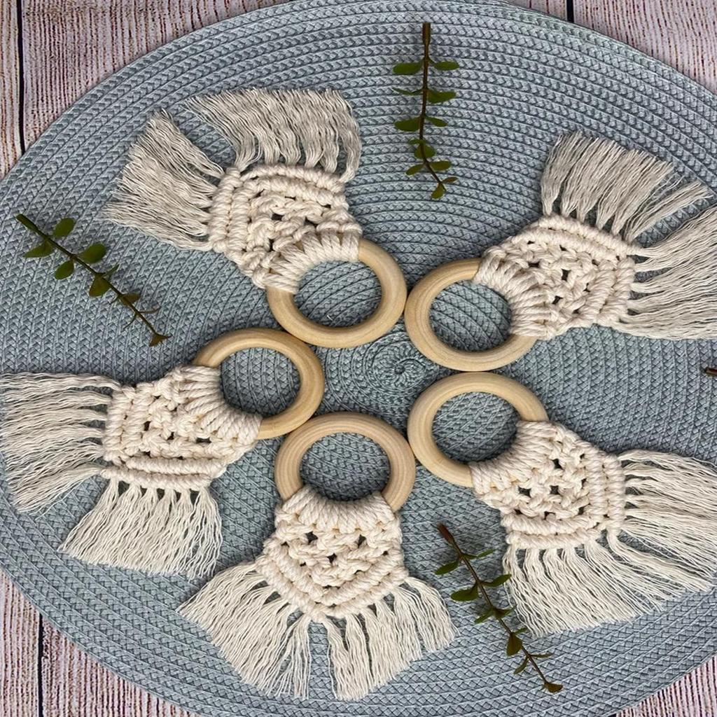 Boho Napkin Rings with Wooden Ring, Handmade Woven Fringe Napkin Holders for Rustic Wedding, Party & Farmhouse Table Decor