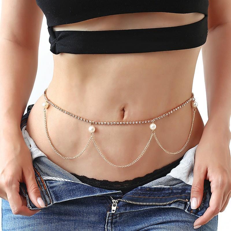 Summer Beach Feminine Charm Diamond Body Chain, Personalized Wave Chain Pearl Waist Chain