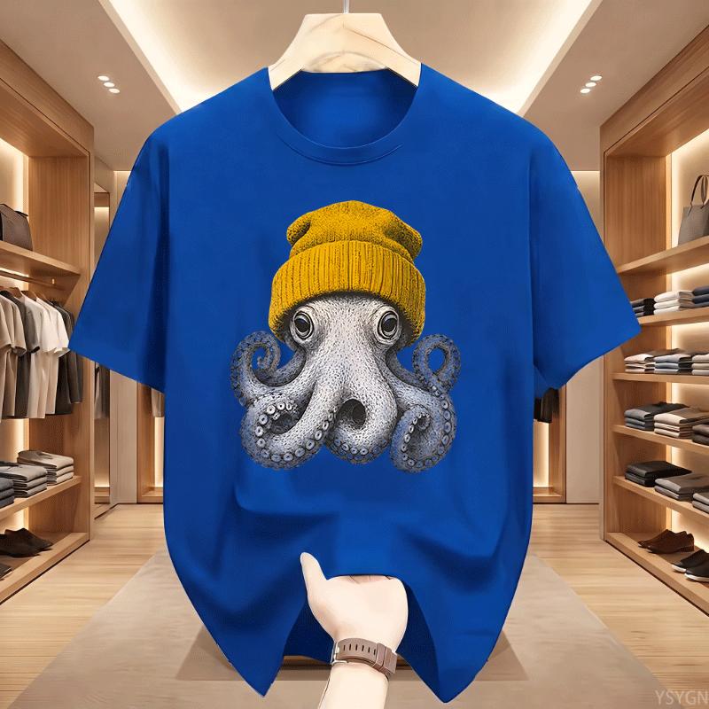 Cute Octopus Beanie T Shirt Ocean Animal Tshirt Vintage Octopus Tees Casual Round Neck Printed Cotton Short Sleeve Tshirts Tops