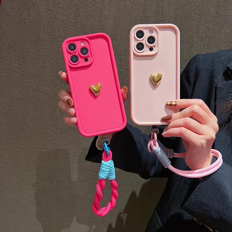 3D Gold Heart Soft Lanyard Rope Case For Xiaomi Mi 14 13 12 11 Lite 5G 13T 14T Pro Poco X7 X6 F5 X3 M6 Pro 4G Hand Strap Cover