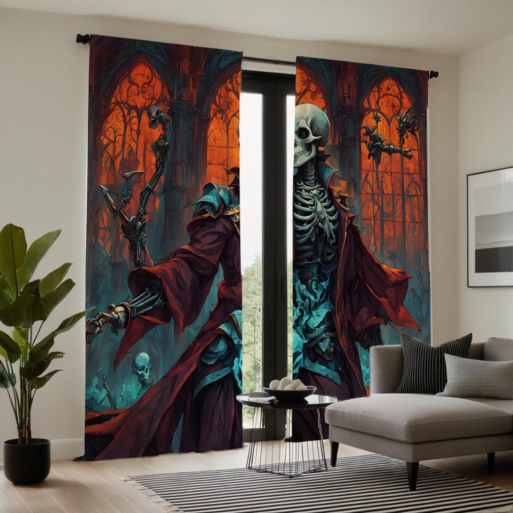2pcs set HD Retro Dungeon Skull decorative curtain Blue tie digital printed curtain Home Decor style Decorated living Room Be