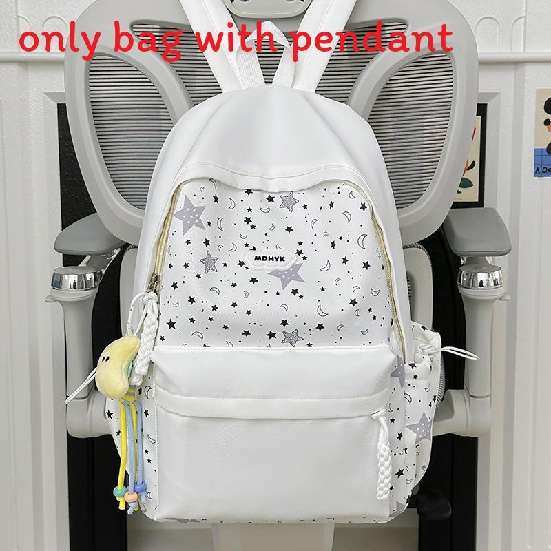 Nylon Girl Backpack With Star Print And Moon Pendant For Casual Travel