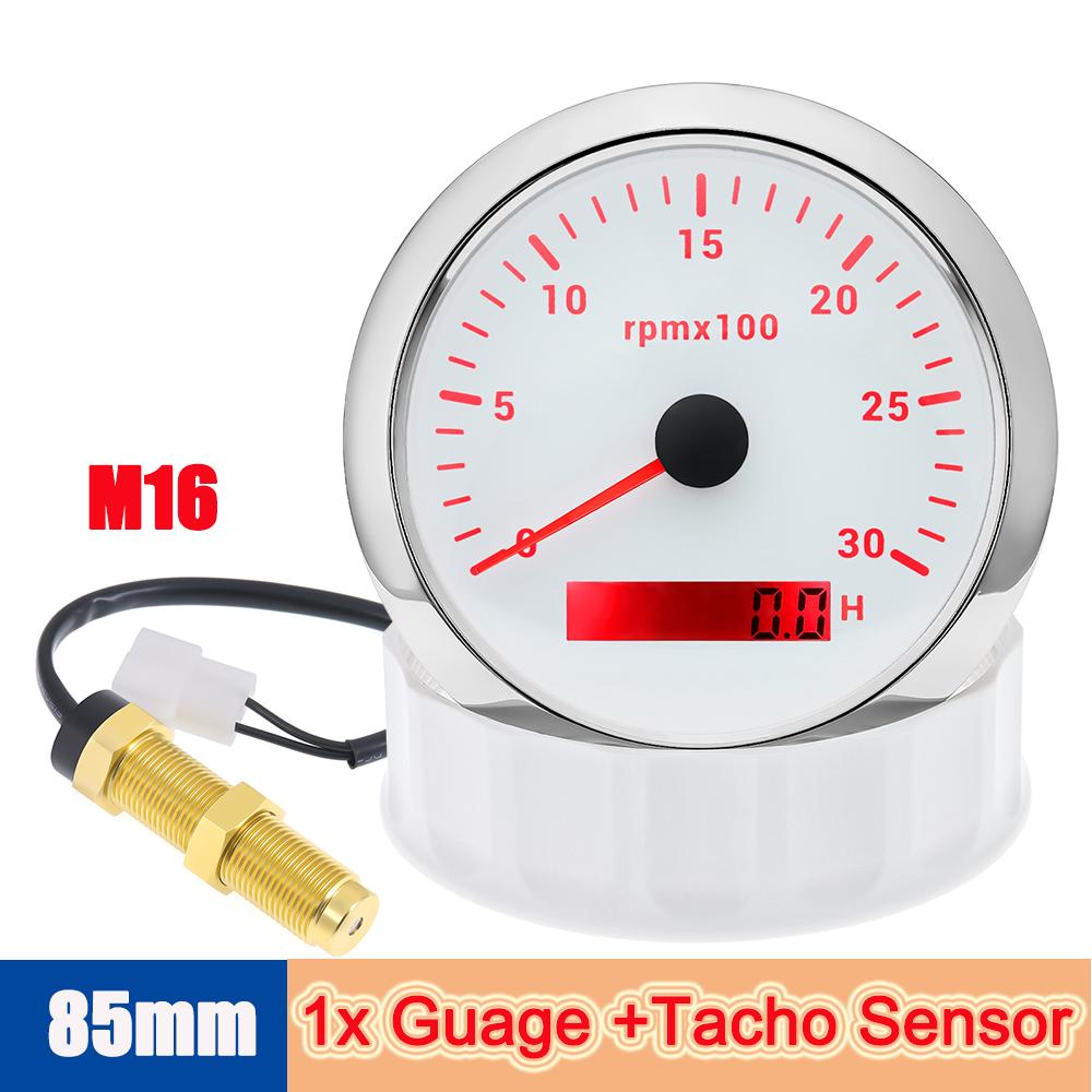 85mm Waterproof Car Boat Tachometer with Tacho Sensor M16/M18 Signal Adapter 3000rpm Speed Guage Motorcycle LCD RPM Meter Tach