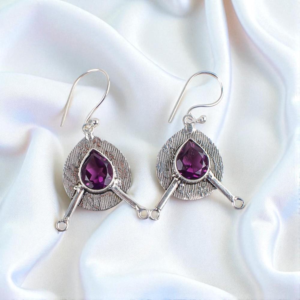 Rare Amethyst Gemstone 925 Sterling Silver Jewelry Handmade Drop Earrings 1.86" EE-78-9