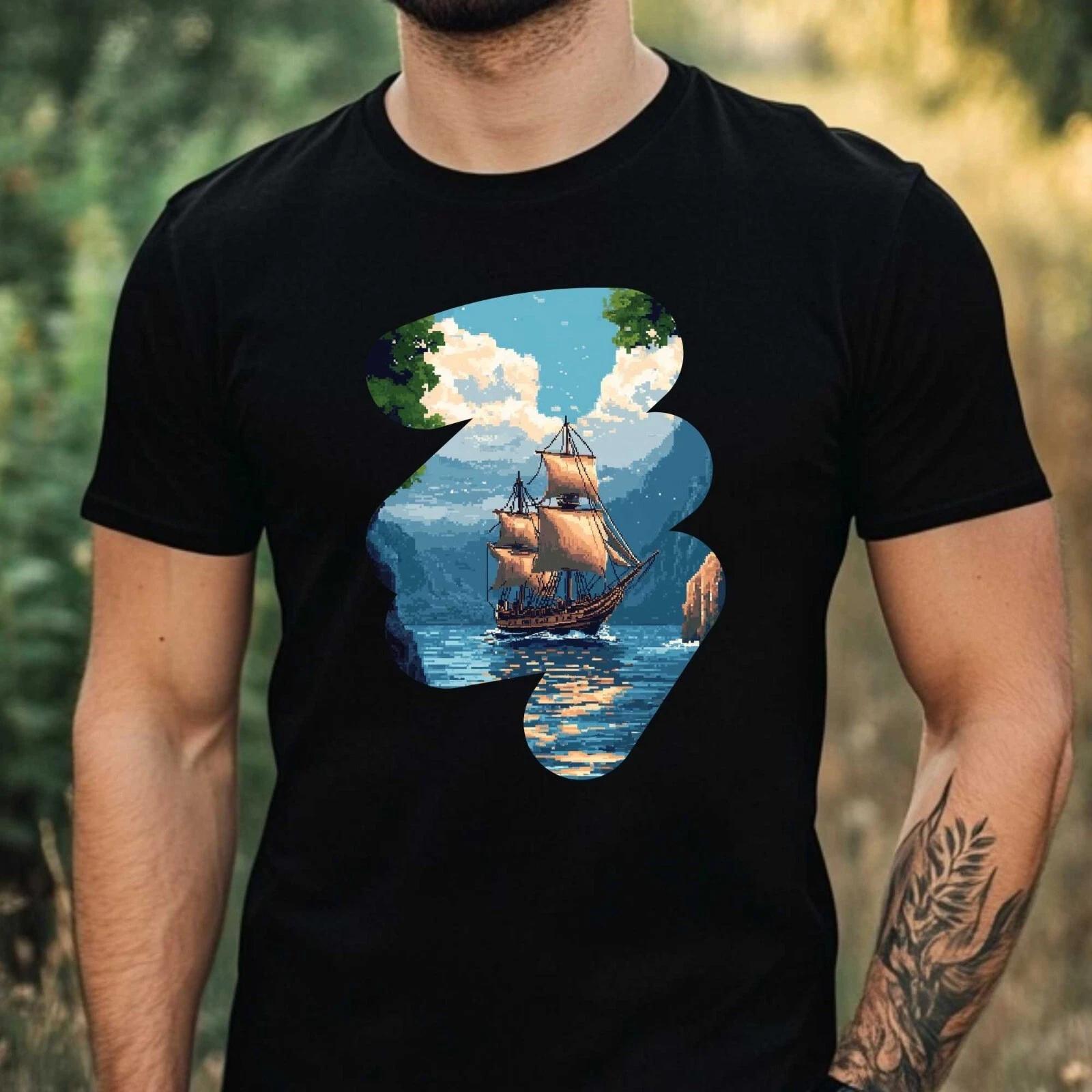 T-Shirt Herren Piratenschiff Pixel Art Motiv Baumwolle Größe XS bis 5XL XS