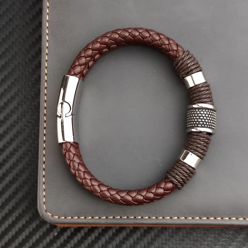 Luxury Vintage Brown Leather Men Bracelet Stainless Steel Bead Wrist Bangle Christmas Gifts for Him