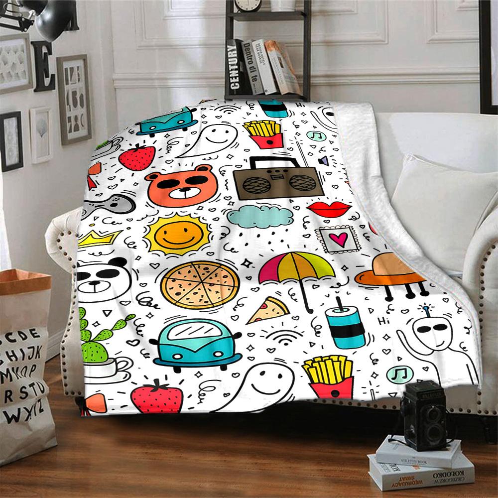 1pc Doodle Patterns Blanket Warm, Cozy, And Soft, Suitable for Sofas, Beds, Cars, And Office Use.Perfect for Camping And Travel, Making It a Great Gif