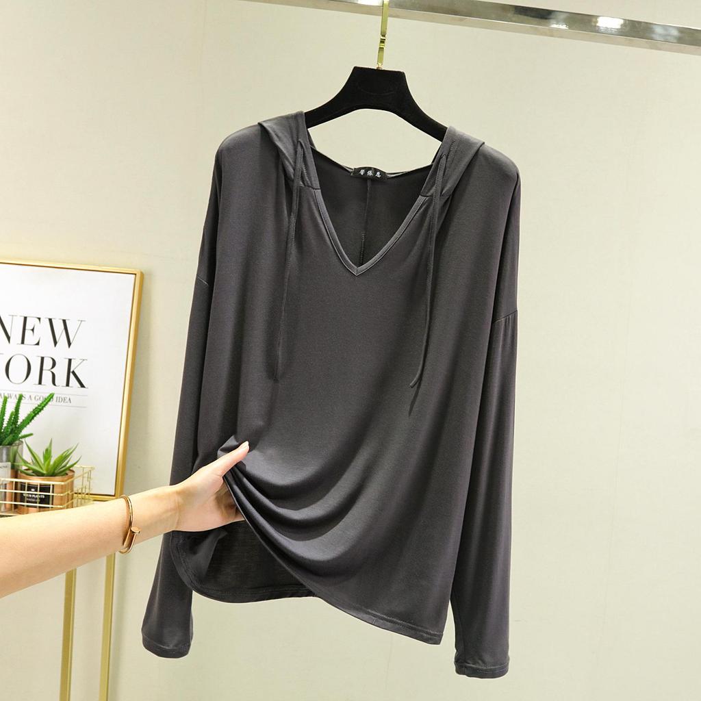 Plus Size Women's Long-Sleeve Modal T-Shirt - Hooded, Solid Color, Sun Protection, Lightweight for Spring/Summer