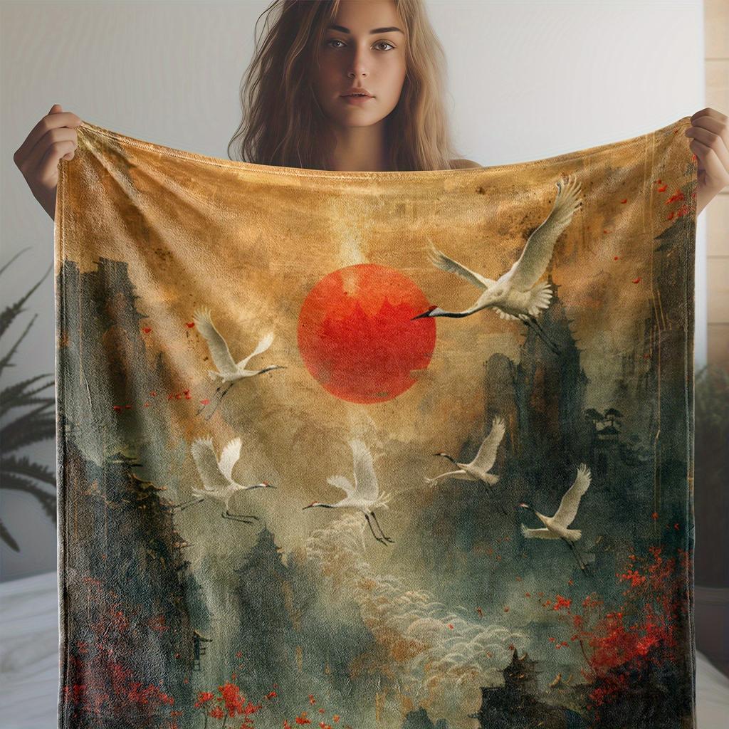 Vintage Japanese-Inspired Crane and Sunrise Print Flannel Throw Blanket - 100% Polyester, All-Season Comfort, Digital Printing,