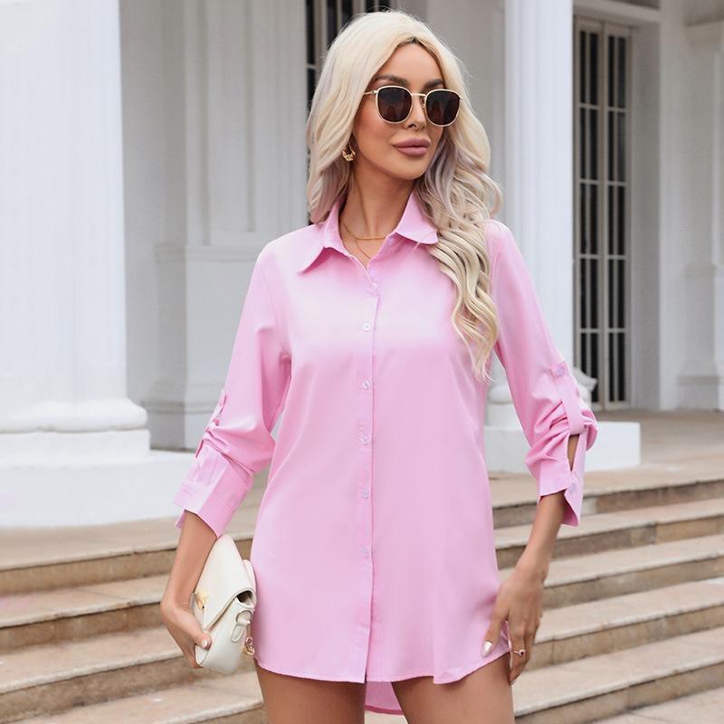 EastRogue Women's Fashion Casual Spring Fall Solid Color Print Long Sleeve POLO-Neck Blouses & Shirts