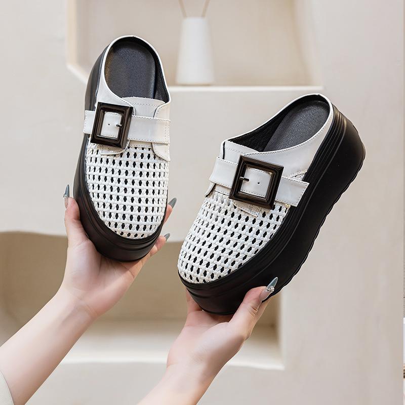 Baotou woven model without heel half support, new women's buckle solid color thick-soled slippers in summer 2025, simple and trendy