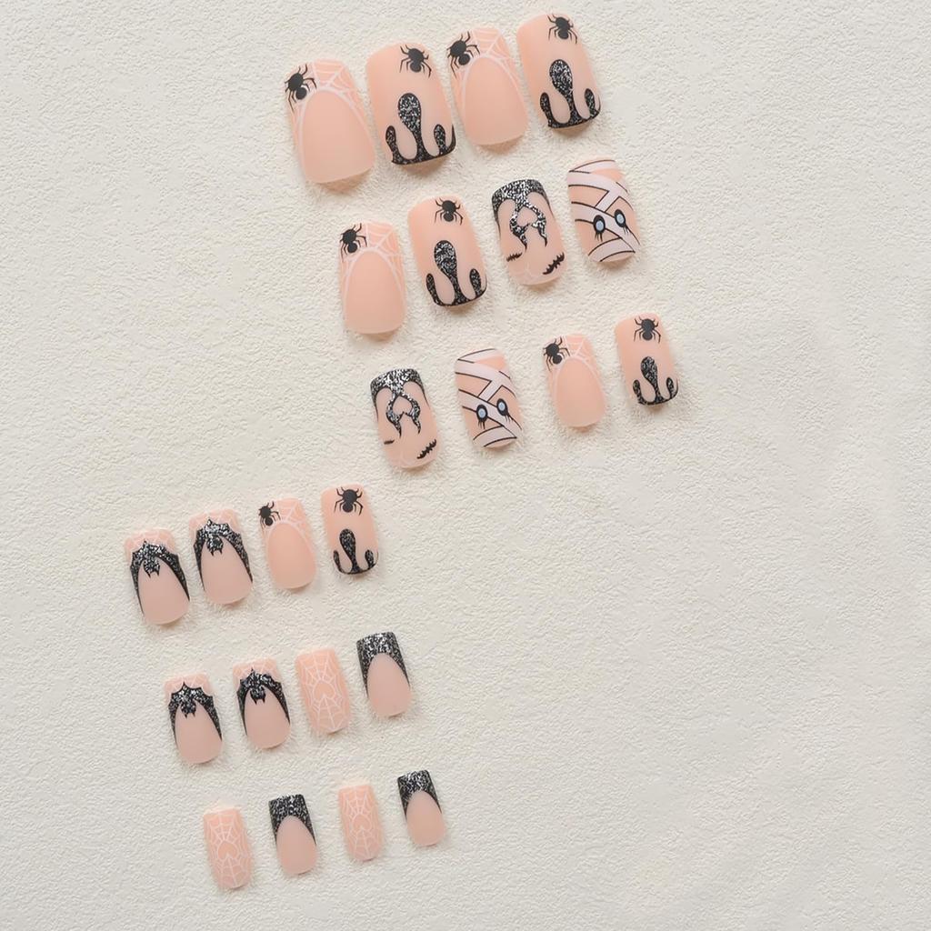 Press on Nails Halloween Square French Tip Fake Nails Mummy and Cobweb Designs Stick on Nail Nude Color Acrylic Nail Halloween Glue on Nails Full