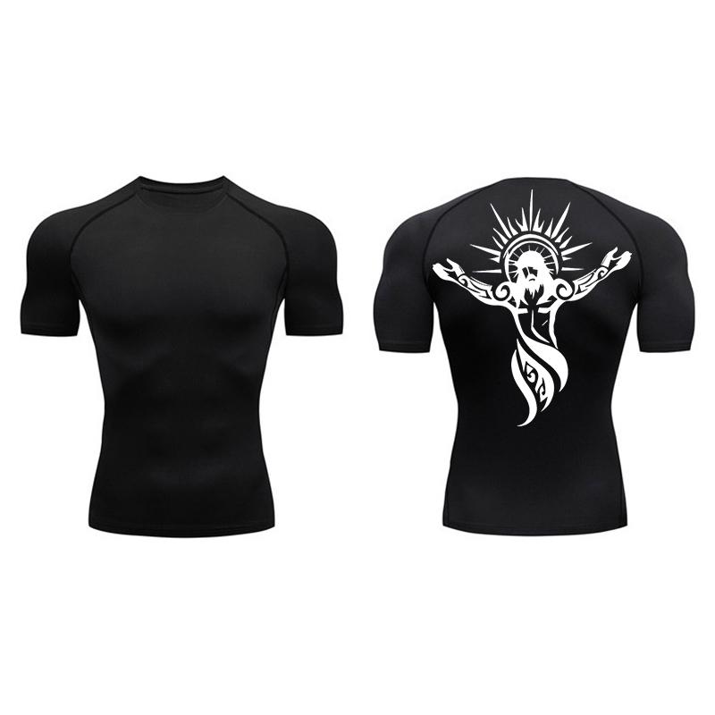 Cross Print Compression Shirt for Men Athletic Quick Dry Short Sleeve Tops Baselayer Christian Gym Workout Running T-shirts Tees