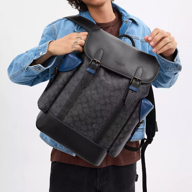 Coach Hitch 31 Brand Print Flap Closure Coated Canvas And Refined Calfskin Backpack Large Men Backpack Black CV985-BLC