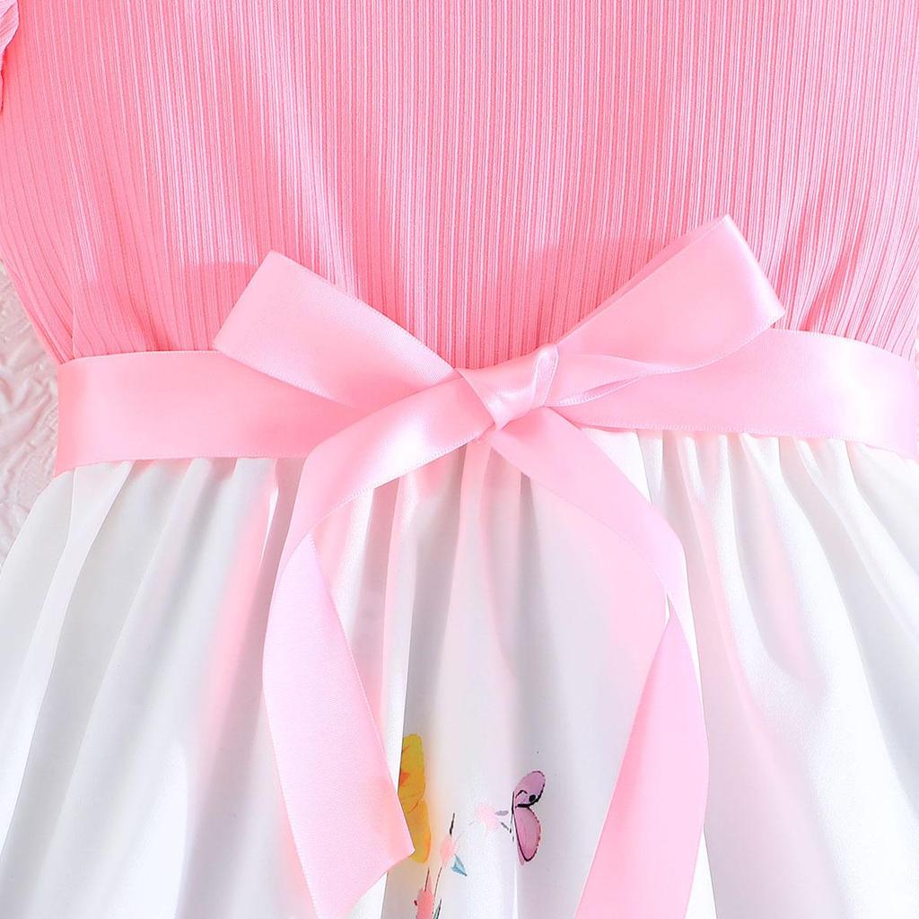 Girls' Butterfly Print Color Block Sleeveless Ruffle Dress with Belt