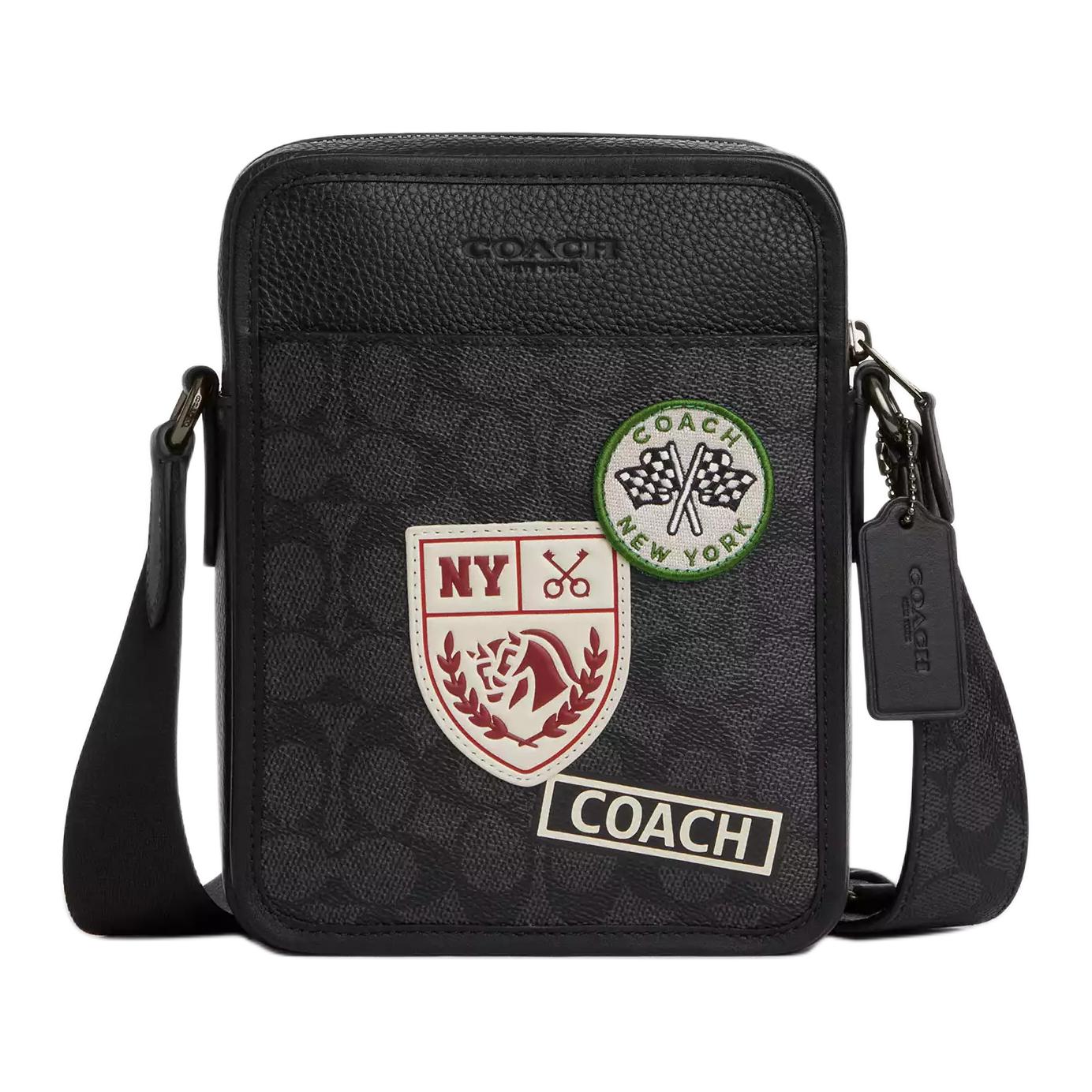 

Coach Men s Black Signature Canvas Crossbody Bag with Patches, Business Daily Messenger Bag Basic Set (Bag+Dust Bag)