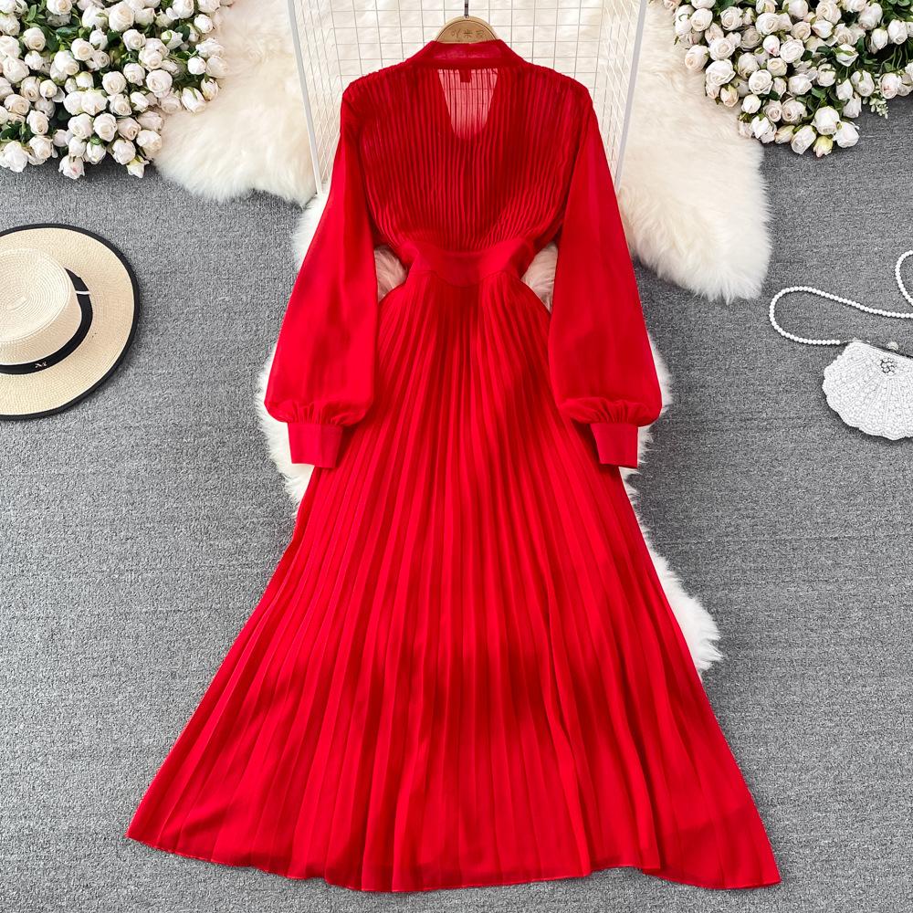 Herbst Vintage Frauen Langes Kleid Elegante Bogen Kragen Laterne Ärmel Einreiher Plissee Maxi Weibliche Rot Lila Kleider