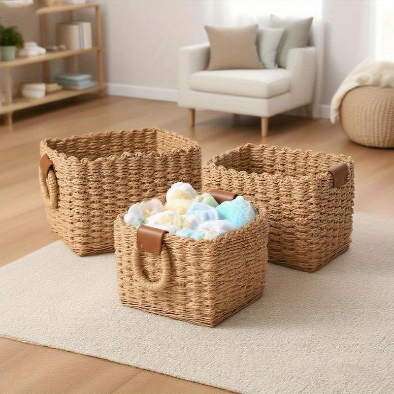 3pcs Woven Storage Basket, Paper Rope Storage Basket with Handle, for Organising, Storage Containers, Laundry Basket for Clothes