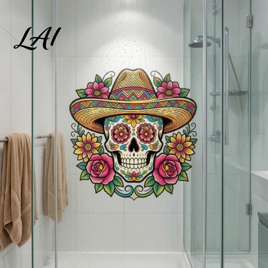 Waterproof Outdoor Glass Decorations Flower Skull Wall Sticker Day of The Dead Decorative Stickers Decals PVC Removable for Windows Doors Easy Peel