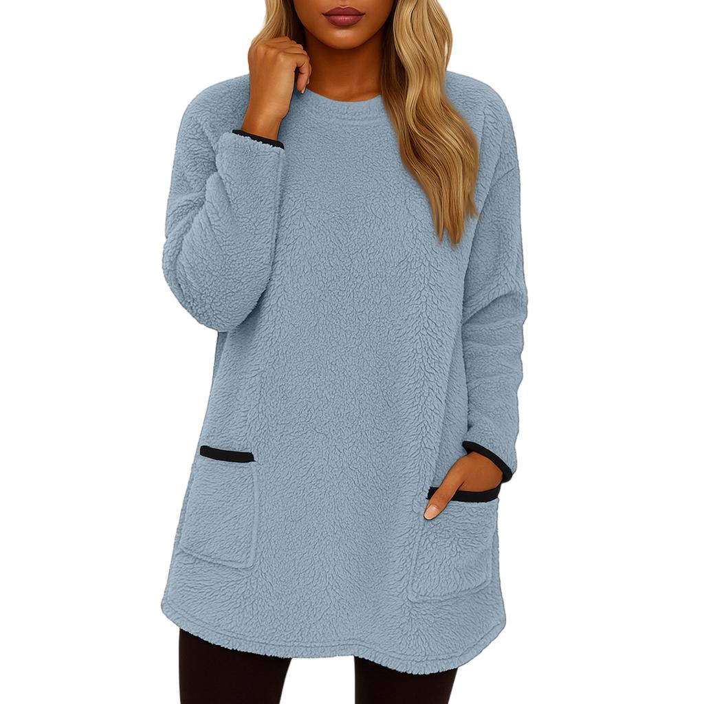 Women's Fashionable Solid Color Round Neck Long Sleeved Warm Plush Casual Top