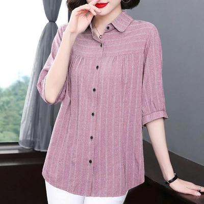 Women Casual Fashion Elegant Striped Printed Button Shirt Summer  Loose  Half Sleeve Tops