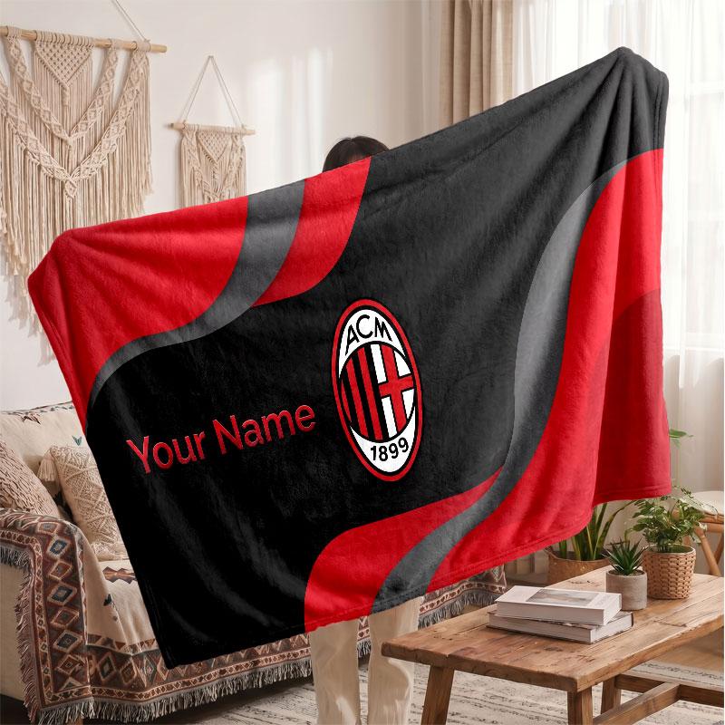 AC Mailand Personalisierte Fleecedecke Mit Fußballlogo, Individueller Name Text Weich Warm Home Überwurfdecke