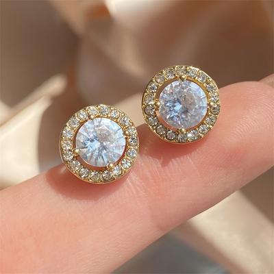 Copper Color Luxury Simple Crystal Cubic Zirconia Stud Earrings for Women Round CZ Wedding Statement Zircon Gifts
