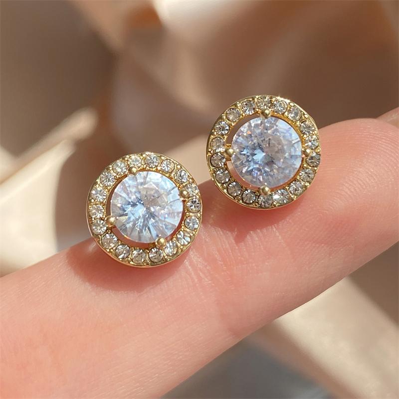 Copper Color Luxury Simple Crystal Cubic Zirconia Stud Earrings for Women Round CZ Wedding Statement Zircon Gifts
