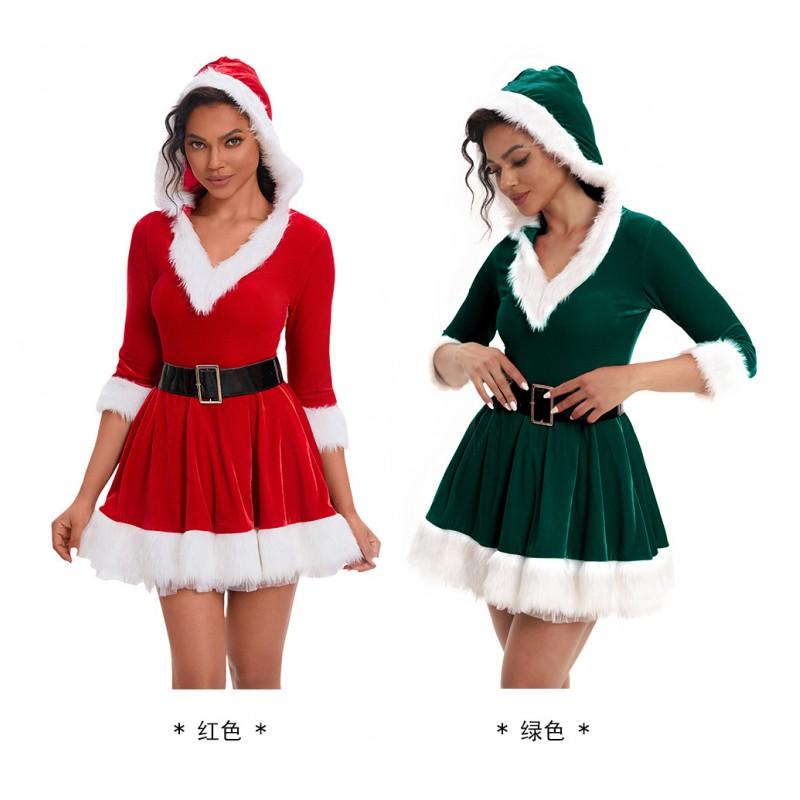 Adult Womens Christmas Hooded Dress Red Green Festive Party Performance Costume
