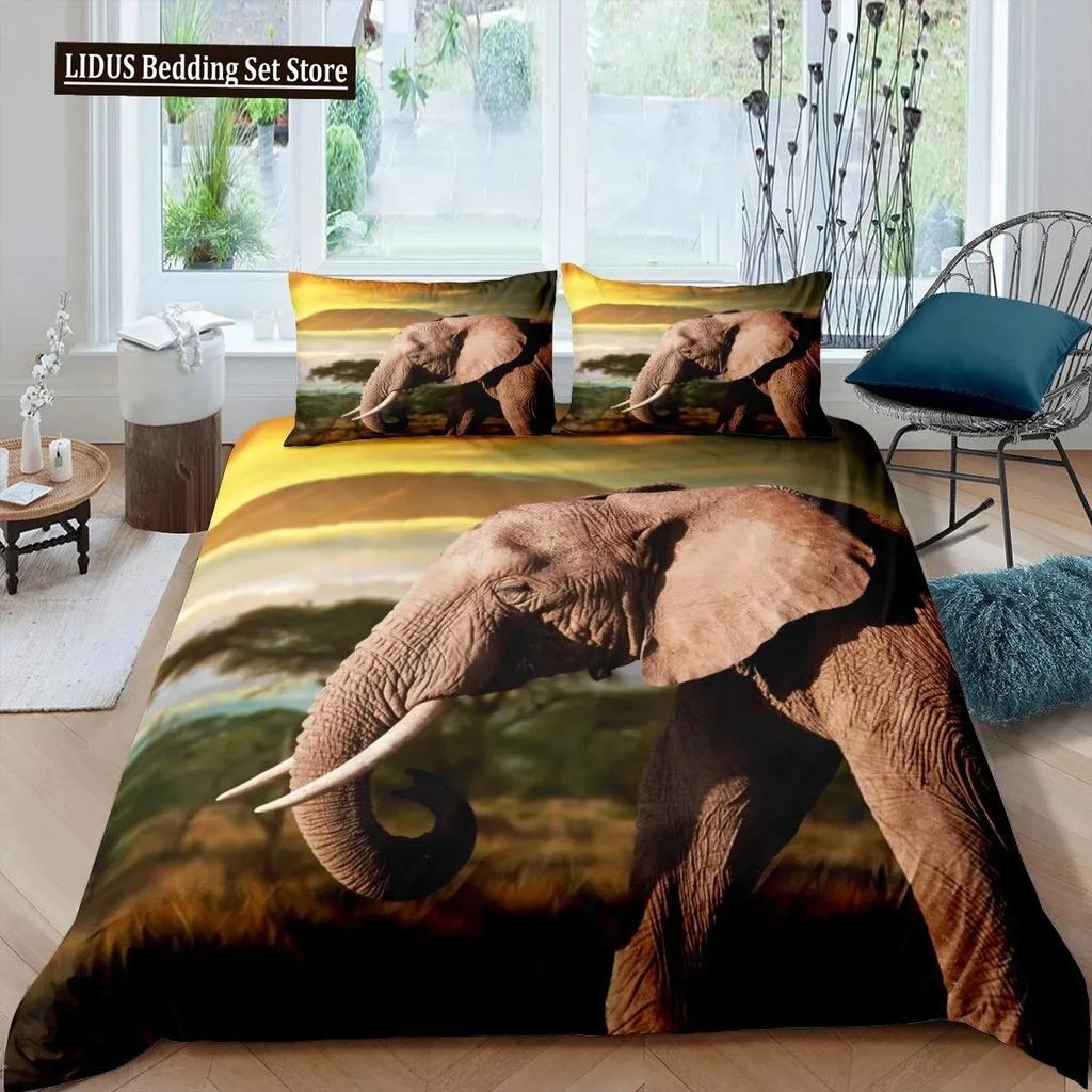 3D Elephant Duvet Cover Set Queen Size African Safari Animal Comforter Set Wildlife Bedding Set Retro Wall Decor Bedspread Cover