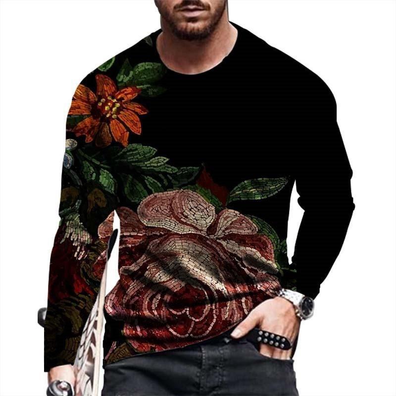 European and American Fashion Gradient Printed Casual Long Sleeved T-shirt O Neck Oversized Pullovers Tees Tops Men's Clothing