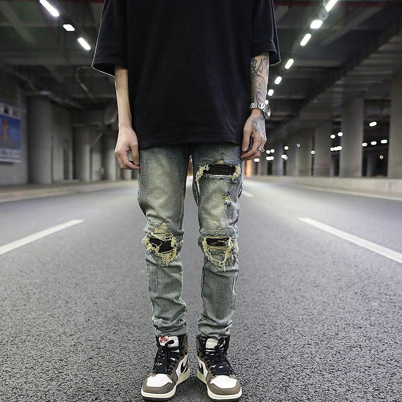 

European and American High Street Fan Car Washing Water Distressed Three-Dimensional Cutting Hole Camouflage Patch Slim fit Feet Jeans Fashion Man Blue 36
