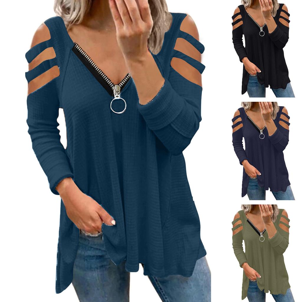 Women Sexy V-neck Collar Zipper Color Long Sleeve Fold Casual Blouse Tops