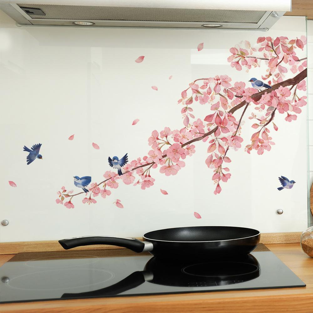 Watercolor Cherry Blossom Branches and Magpie-themed Wall Stickers for Home Decoration In Living Room