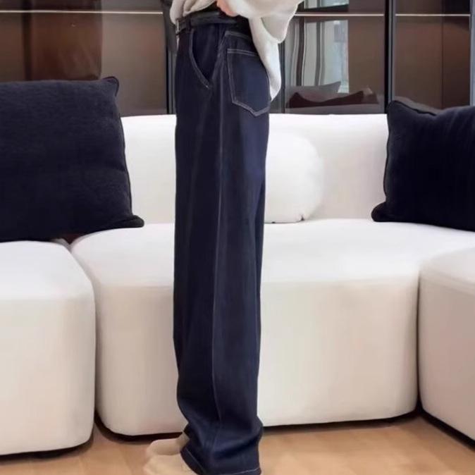 Dark Blue High-Waisted Wide-Leg Jeans for Women - Plus Size, Slimming Fit, Perfect for Autumn and Winter