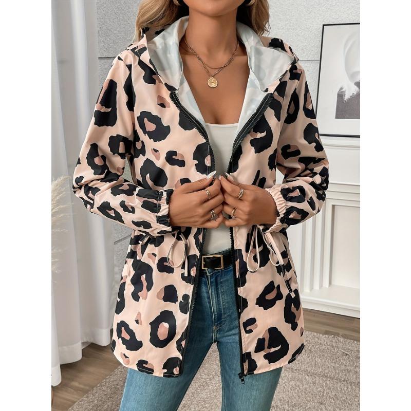 Women'S Casual Leopard Print Zip-Up Jacket - 100% Polyester Hooded Midi Length with Long Sleeves for Spring/Fall