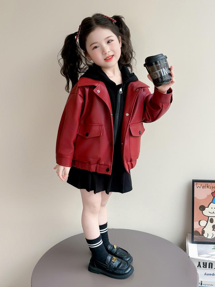 Girls  Faux Two-Piece Leather Jacket - Korean Style, Hooded, Cute & Trendy for Spring/Autumn 130cm красный