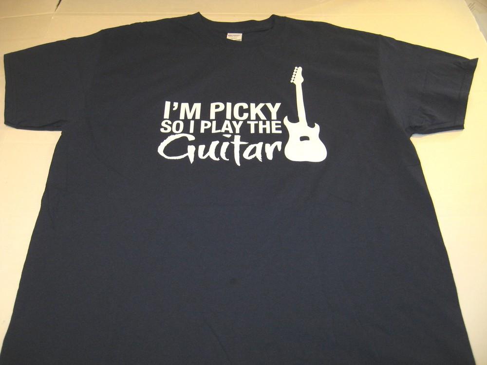 I m Picky So I Play The Guitar Dark Blue Rock n Roll Music Theme T-Shirt New! XL Unisex T-Shirt S