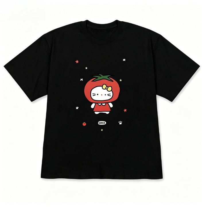 Funny Tomato Cat Graphic Tshirt ShortSleeve Black Casual Top Korean Style Versatile Cute Cat Tee for Women Unisex OOTD Minimalist