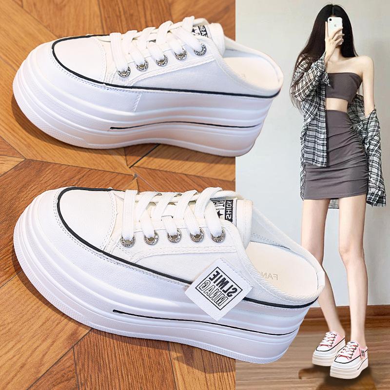 Thick-soled White Shoes for Women Summer Breathable Mesh Shoes Half Slippers All-match Sports Casual Platform Shoes