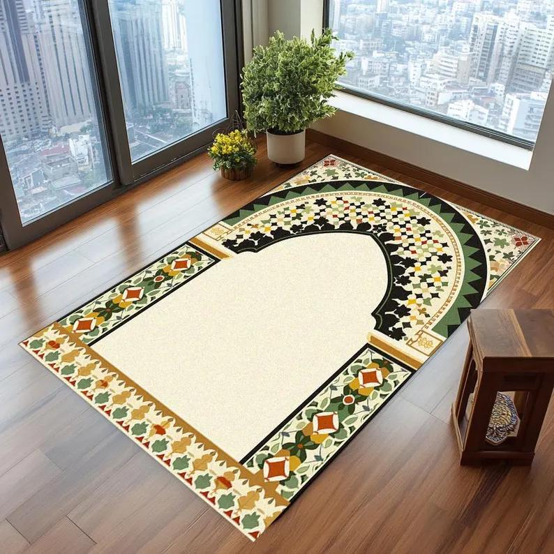 

Rich Design Rug Decorative Prayer Rug with Vintage Board Colorful Sajadah Sustainable Prayer Rug Gift for Eid Rug Textured Rugs 40x60cm