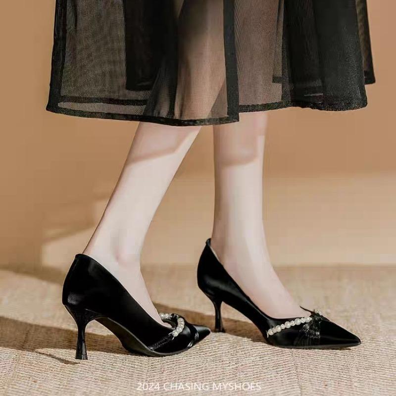 Women's Slip-on Slim Heel Single Shoes Autumn New Pointed Toe Shallow Mouth Beaded Non-Slip Wear-Resistant High Heels