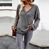 Women Autumn Winter Long Sleeve V Neck Solid Color Knit Top Sweater