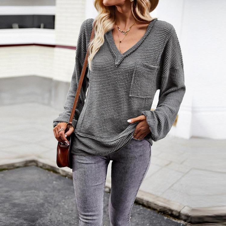 Women Autumn Winter Long Sleeve V Neck Solid Color Knit Top Sweater